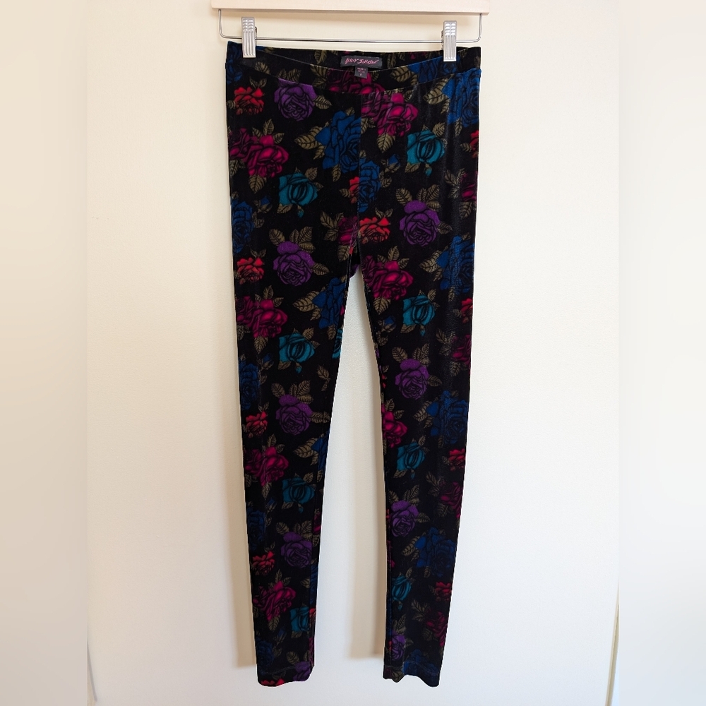 Betsey Johnson rose floral stretch velvet leggings p xs